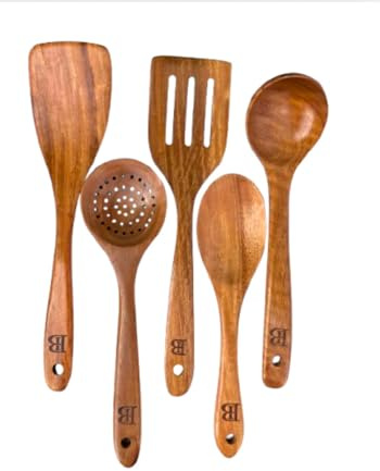 Blessed Island UK Acacia Wood Kitchen Utensils Set | 5 Pcs Wooden Cooking Spoon Set | Eco-Friendly Wooden Cooking Utensils, Cooking Gift Set,