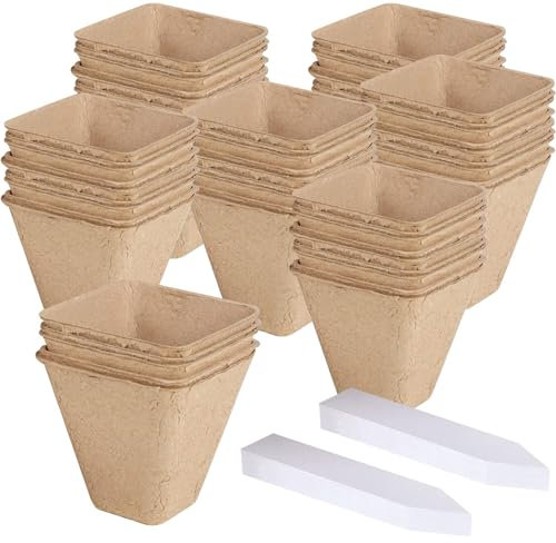 Pots de Culture Biodégradables Carrés 50 Pièces Godets Plantes Fibre Pots de Tourbe avec 30 pcs Étiquettes de Plantes pour Jardin