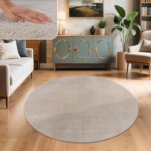Paco Home Teppich Wohnzimmer Kunstfell weich waschbar modern elegant pflegeleicht Felloptik Uni Seidenglanz flauschig Hochflor, Grösse:160 cm Rund, Farbe:Beige