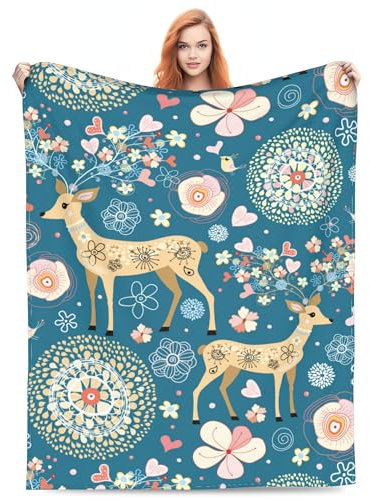 Überwurfdecke mit Hirsch-Aufdruck, süßer, weicher, flauschiger Fleece, leichte blaue Blumen- und Tierdecken, Geschenke für Kinder oder Erwachsene, 127 x 152 cm, Couch, Sofa, Zimmer und Bett, Weihnacht