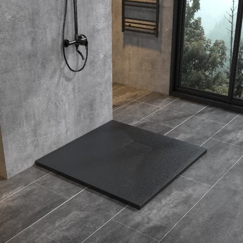 WITEN&NOCK SMC Duschwanne 90x80cm schwarz Brausewanne Duschtasse extra flache Steinoptik Antirutschfür Duschkabine Duschwand