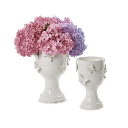 Two's Company Butterfly Pedestal Cachepots Vases, Ceramic, White, Set of 2