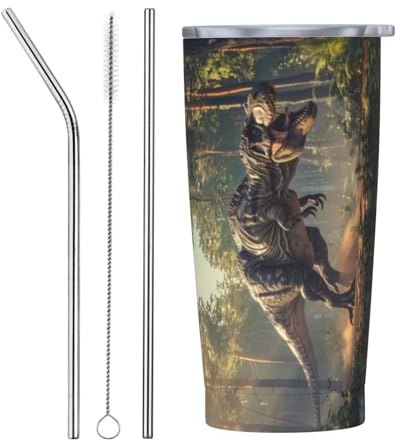 VOSERY Botella de agua de 20 onzas con tapa y popote, vaso aislado de dinosaurio de la selva, vasos de acero inoxidable, taza de café de viaje, vaso personalizado