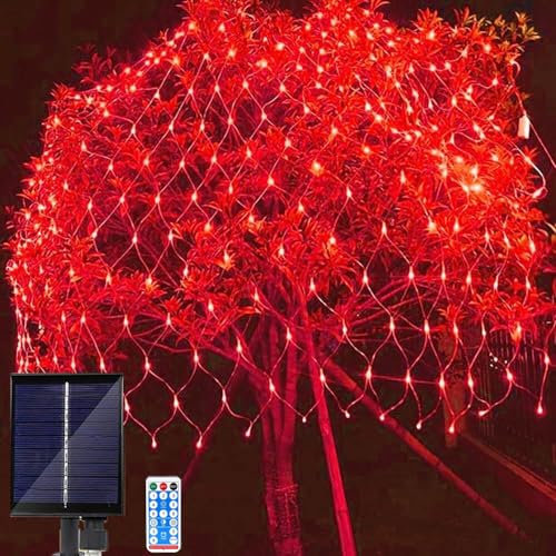 SUAVER 96LED Solar Lichternetz Außen, Wasserdichte Solar Lichterkette Netz Fernbedienung Timer Vorhang Weihnachtsbeleuchtung 8 Modi Mesh Lichtervorhang für Hochzeit Fenster Deko (Rot, 1.5x1.5m)