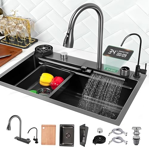 Fregadero de Cocina de Acero Inoxidable 80x45cm, Seno con Cascada Multifuncional - Moderno Sobre Encimera con Accesorios Incluidos