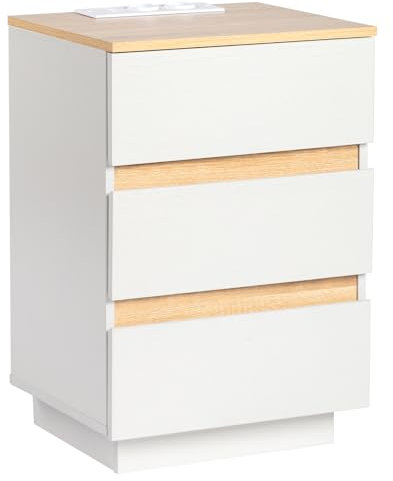LEADZM Table de Chevet avec Multiprise,Table d'appoint 3 Tiroirs, Meuble de Nuit, Commode de Nuit mit 2 Prises CA 2 Ports USB 38 x 32 x 56 cm (1, 3 Tiroir avec borne de Recharge)
