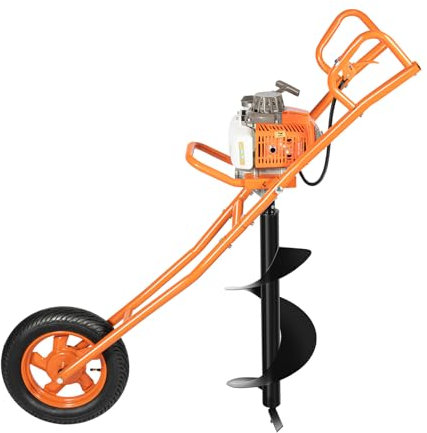 Tarière à essence 2 temps 63 CC - 2,2 kW - 3 CV - Avec roues - Tarière à essence - Avec embouts de perçage de 300 mm de diamètre - Avec embouts de perçage de 300 mm de diamètre - Orange