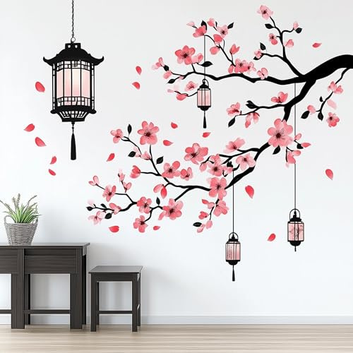 Calcomanía de pared de flor de cerezo, calcomanía de vinilo de rama de árbol de linterna asiática, elegante mural de Sakura, decoración del hogar inspirada en Japón, despegar y pegar