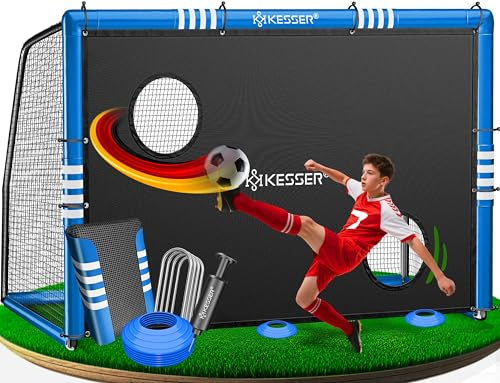 KESSER® But de football - But de football de qualité supérieure de 300 cm avec mur de but, filet d'entraînement de tir, filet résistant aux UV, cadre en acier avec rembourrage, crochet de terre, pompe