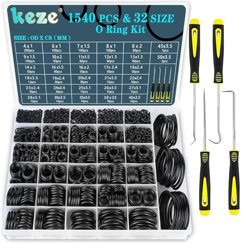 KEZE Kit assortiment de 1540 joints toriques en caoutchouc de 32 tailles avec pic et crochet pour robinets, plomberie,diamètre extérieur des joints toriques : 4 mm à 50 mm