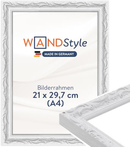 WANDStyle Bilderrahmen A4 Holz, DIN A4 Bilderrahmen Weiß Vintage 30x21 cm | Hochwertiger Holzbilderrahmen Antik, Posterrahmen zum Aufhängen, Rahmen 21x30 cm, Fotorahmen H530 Made in Germany