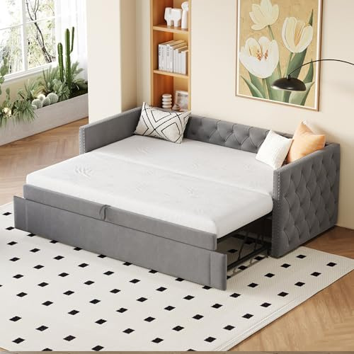Lahoomu Polsterbett Ausziehbares Schlafsofa Dunkelgrau 90/180 * 200 cm mit Lattenrosten, Multifunktionsbett aus hautfreundlichem Samtstoff，Klassische Vollform mit Knöpfen