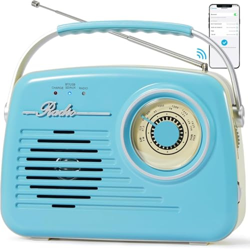 Retro Radios Portable AM FM, Battery Powered & Plug-in Wall, Vintage Radio with Bluetooth, Easy to Use Large Dial for Home/Outdoor/Kitchen (Blue)
