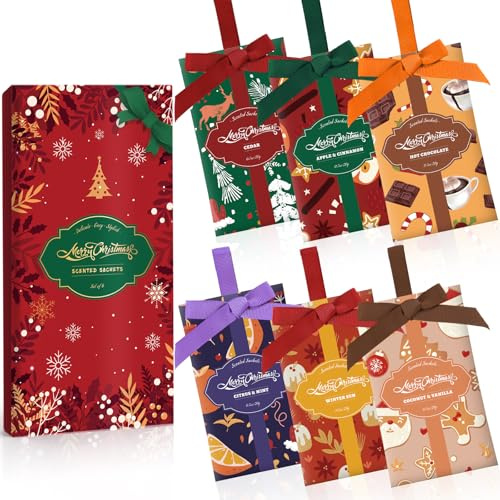 Scent-Hi Sacchetti Profumati di Natale, Agrumi&Menta, Cocco&Vaniglia, Mela&Cannella, Cedro, Cioccolata Calda per Profumare Vestiti Armadi, Stanze da Bagno, Auto (6 Pezzi 6 Fragranze)