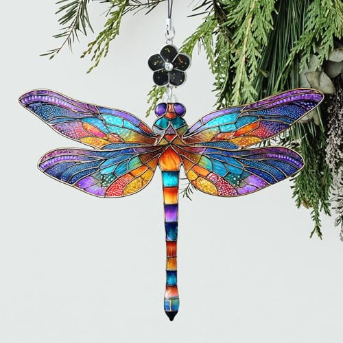 Dragonfly Stained Glass Style Ornament, Acrylic Window Hanging Suncatcher Decoration, Colorful Dragonfly Decor for Christmas Tree, Garden or Home, Gift for Women Mom Birthday Holiday
