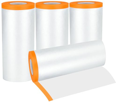 4Rolls Self Adhesive Dust Sheet Rolls, 2.4Mx20M Plastic Dust Sheets for Decorating, Drop Film Masking Tape with Plastic Sheet for Floor Protection, Painting Decorating Covering, Wall Cabinets Sofa Car