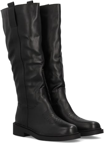shoes&blues.es 97340 Bota Alta para Mujer Cowboy con Detalle de Bordado Frontal, Paneles Elasticos y Suela Plana. Ideal Temporada Otono Invierno. Negro Talla 39