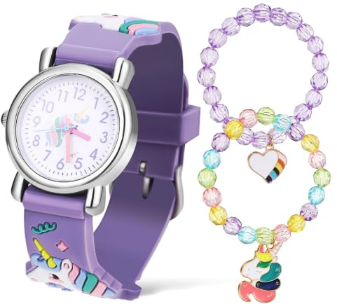 ibasenice Kinderuhr Mädchen mit Einhorn-Design & großen arabischen Ziffern – lernfreundliche Analoguhr mit praktischem Armbandset für Geburtstag, Kindertag & Alltag, geeignet für Mädchen ab 3 Jahren