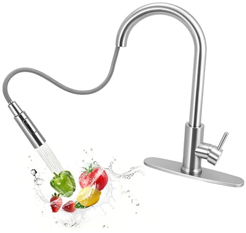 Pakuyi Kitchen Taps Mixer with Pull Out Spray,Pull Down Kitchen Sink Mixer Taps Faucet,Single Handle Stainless Bar Tap 1 Hole with High Arc 360° Swivel 2 Modes Spray Head