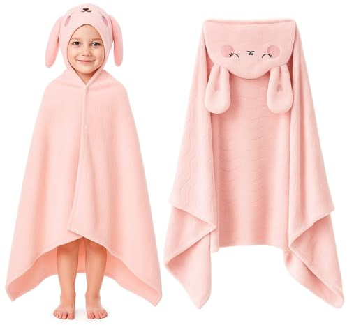 saerryor Pink Rabbit Hooded Towel for Kids,27 x 55 in Large Poncho Towel with Snap Button Soft Absorbent Beach Swimming Wrap for Boys Girls 0-4 Years