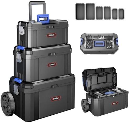 Caja herramientas con ruedas 3 en 1,Caja de herramientas apilable,caja herramientas vacia modular,Con compartimento para piezas pequeñas en la parte superior,Con caja de piezas pequeñas desmontable