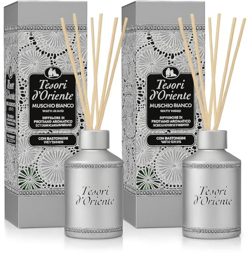 Tesori d’Oriente Muschio Bianco Raumduft Set – 2× Tesori d’Oriente Muschio Bianco (White Musk) – Aromadiffusor mit Duftstäbchen, 2×100 ml