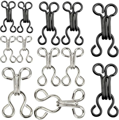 LEOUEANR 12 Pairs Sewing Hooks Eye Fastener, 3 Sizes Metal Bra Hook Eye Fasteners in Black and Silver for DIY Craft Clothing and Garment Repair