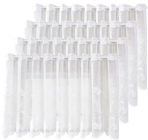 KUHAWL 4 stycken fönstergardiner, 130 x 45 cm bistrogardin, vit, halvtransparent bestick, skivgardiner, moderna korta köksgardiner med öljetter för kök, vardagsrum, skåp, husvagnar
