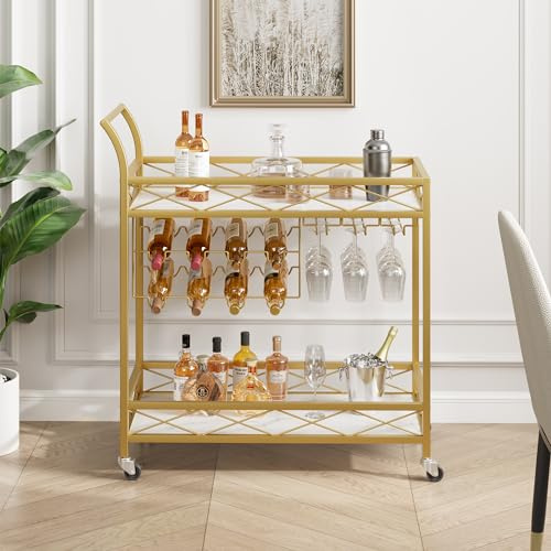 Garvee Carro de Bar Elegante de 2 Niveles - Estante de Madera Acabado mármol Blanco - Portabotellas y Soporte para Copas - con Ruedas, Ideal para Cocina, salón y Comedor - Carrito para Bebidas, Color