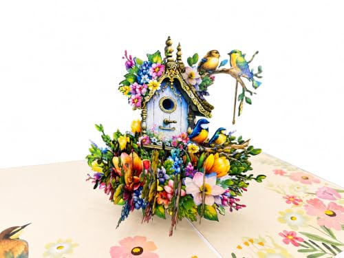 3D Pop-Up Grußkarte Vogelhaus & Blumenwiese – detailreiche Effektkarte mit Singvögeln, geöffnet 26×18 cm, Aufbauhöhe 11 cm, inkl. weißem Umschlag – Geschenk für Gartenliebhaber, Muttertag, Geburtstag