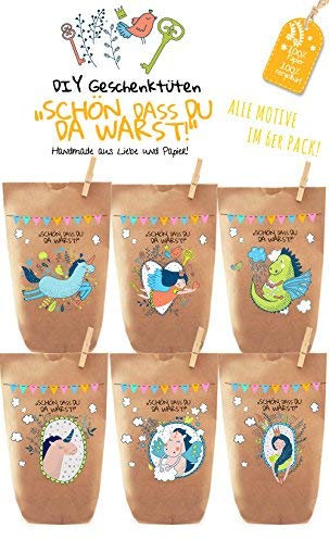 6x wunderschöne Einhorn Geschenktüten - Tüten liebevoll bedruckt aus Kraftpapier, zum Verpacken von Geschenken, Gastgeschenken, Mitgebsel, Giveaways, Kindergeburtstag, Hochzeit. 100% recyclebar!