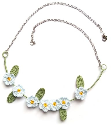 collana boho nontiscordardimé all'uncinetto, azzurro/verde, Gioielli all'uncinetto, grigio/rosa, Made in Italy, Bijoux da donna, Lavorazione Artigianale