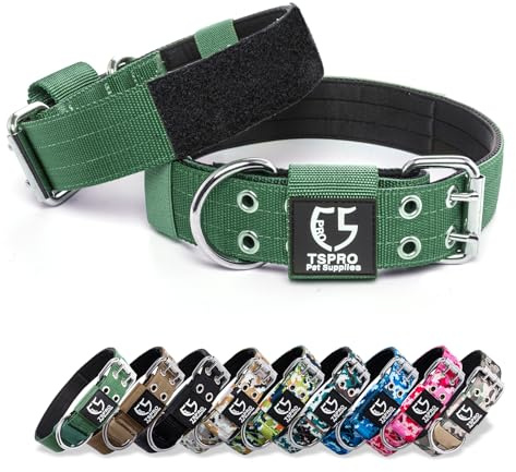 TSPRO Taktisches Hundehalsband mit Klettpanel für Große & Extra Große Hunde | Schwerlastiges 3,8 cm Breites Nylonband, Verstellbares Halsband mit Robuster Metallschnalle & Metall-D-Ring, Grün L/XL