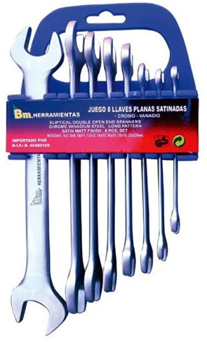 Juego de 8 llaves fijas planas, Fojadas y templadas al Cromo-Vanadium, Set de llaves con soporte de plástico. Medidas de 6mm a 22mm acabado satinado