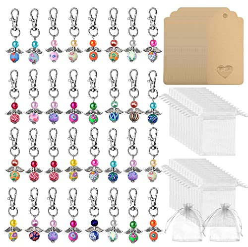 32 Stk Gastgeschenke Hochzeit Schutzengel + Organza Beutel + Kraftpapier Anhänger, Mini Engels Schlüsselanhänger Geschenke für Arbeitskollegen Taufe Kommunion Konfirmation Geschenk Party Mitbringsel