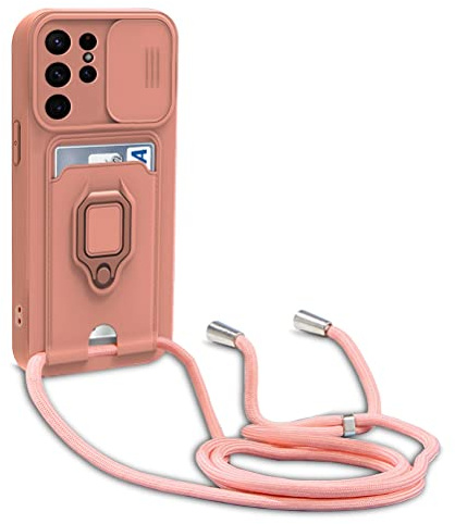 yanasuo Schiebe Kameraschutz Silikon Handykette Hülle kompatibel mit Samsung Galaxy S22 Ultra, Metall Ring Halter Handy Cover,Verstellbarer Halskette Handyhülle-Pink