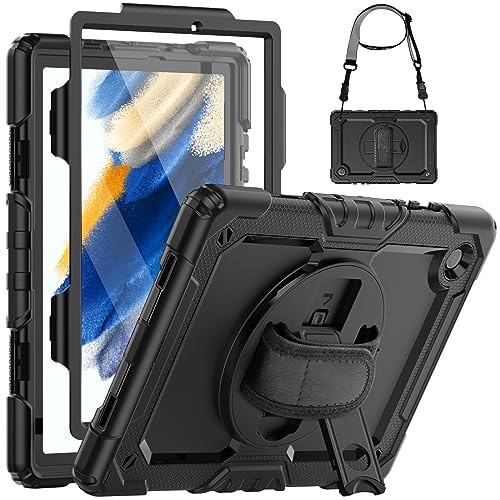 SEYMCY for Samsung Galaxy Tab A8 Case 10.5 Inch 2022/2021 | Full-body Shockproof with Screen Protector, Rotating Stand & Hand Strap, Shoulder Strap for Samsung A8 Tablet Case, Black