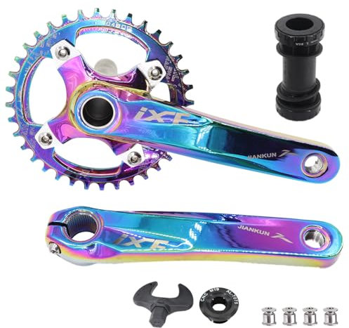 DJC Fahrrad-Kurbelgarnitur 104BCD mit Kettenblatt BSA Tretlager mit Spindel für MTB 1x 2X 3X Speed Mountainbike Schwarz Rot Oilslick 170mm 175mm (170mm Oilslick, rund 36T)