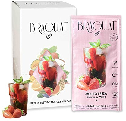 BRAGULAT/Saborizantes de agua Sin Azucar, con fruta deshidratada, Vitamina C y B12, colorantes y sabores naturales | Agua con Sabor a Frutas (15 Sobres, Mojito de Fresa)