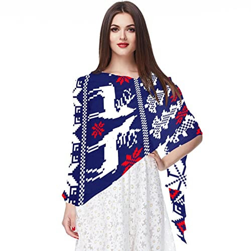 Chiffon-Schal, leicht, weich, durchsichtig, langer Kopf, für alle Jahreszeiten, Weihnachten, Elch, Hirschbaum, blaues Strickmuster, Mehrfarbig