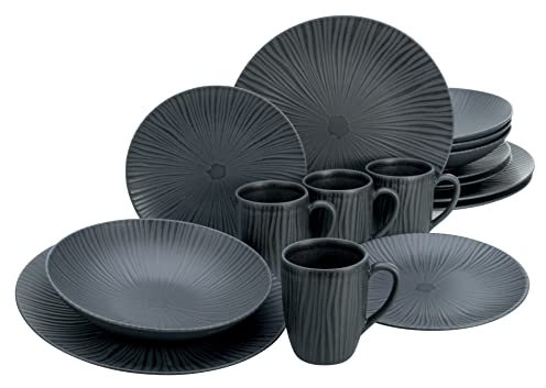 CreaTable, 20537 Serie Vesuvio Black, set di stoviglie da 16 pezzi, servizio combinato in gres porcellanato, lavabile in lavastoviglie e microonde, made in Portogallo