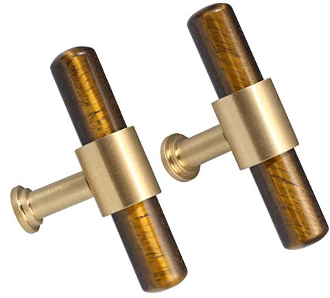 Nupuyai 2pcs Tiger's Eye Crystal Stone Drawer Pulls and Knobs, Cylinder Wand Cabinet Knobs Brass Handles for Dresser Wardrobe Kitchen Decor