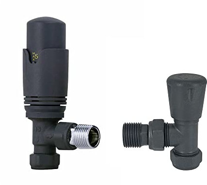 BOSUGE Válvula termostática en ángulo de 15 mm Válvula para radiador de baño Grifos de calefacción Central TRV Antracita con válvula en ángulo Manual Gratis