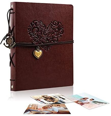 Álbum de fotos de piel, 21,5 x 17 cm, EUBSWA Vintage Fotobuch con 60 páginas para 240 imágenes, libro de visitas de boda, regalo para amigo (corazón pequeño)