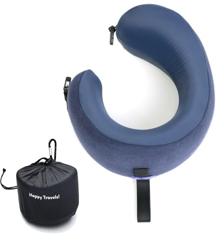 C CUSHION LAB Travel Pillow, Award-Winning Patented Ergonomic Design for Chin & Neck Support Memory Foam Neck Pillow, Compact Airplane Pillow for Traveling, Flight, Car (Navy, Medium)
