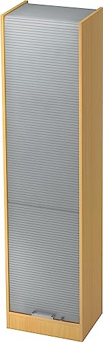 bümö Rollladenschrank in Buche/Silber mit Chromgriff - Vertikal Jalousieschrank 50 cm breit, Aktenschrank abschließbar, Büroschrank für Ordner & Co.