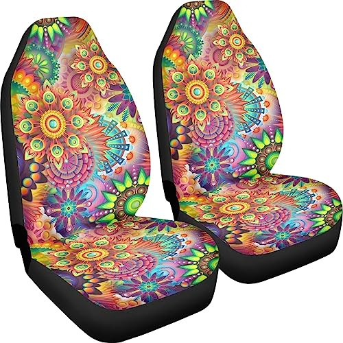 Poceacles Autositzbezüge mit buntem Mandala-Blumenmuster, nur Vordersitze, hohe Rückenlehne, dehnbar, Fahrzeugschalensitzbezug, Autoschoner, Fahrersitzbezüge
