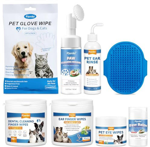 Pjordo Dog Wipes Cleaning Deodorizing, Grooming Wipes & Paw Cleaner, Pet Cleaning Kit for Teeth, Ears, Eyes, Paw, Body, Ear Rinse, Essential Dog Supplies Set