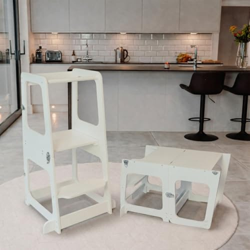 Convertible 2-in-1 Kids Kitchen Stool & Table/Chair, 1-6 Years Wooden Standing Tower with Safety Feet, Montessori Kitchen Step Stool, (White)