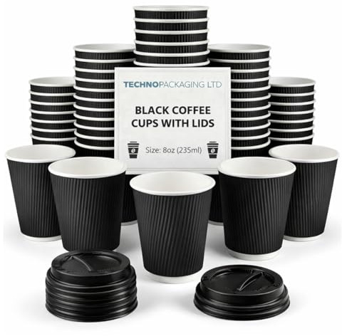 8 oz Black Disposable Kraft Paper Ripple Cups with Lids - Pack of 500 Insulated Triple Wall Takeaway Drinking Cup - Great for Coffee, Tea, and Hot Drinks - Reusable, Leak Proof Travel or Office Cups